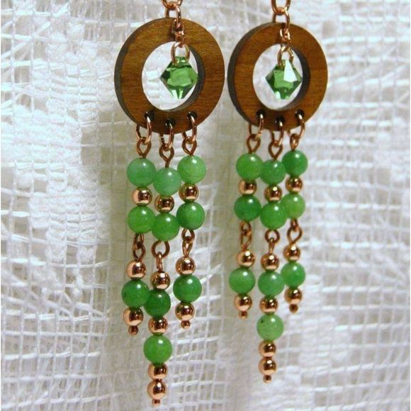 Handmade Green Agate, Copper, & Crystal Chandelier Wooden Dangle Earrings - Picture 2 of 5